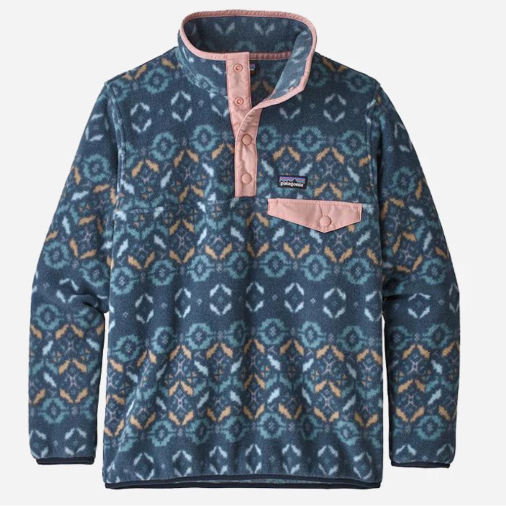 Patagonia Kids Fleece Pullover in Navy Blue with Pink Trim